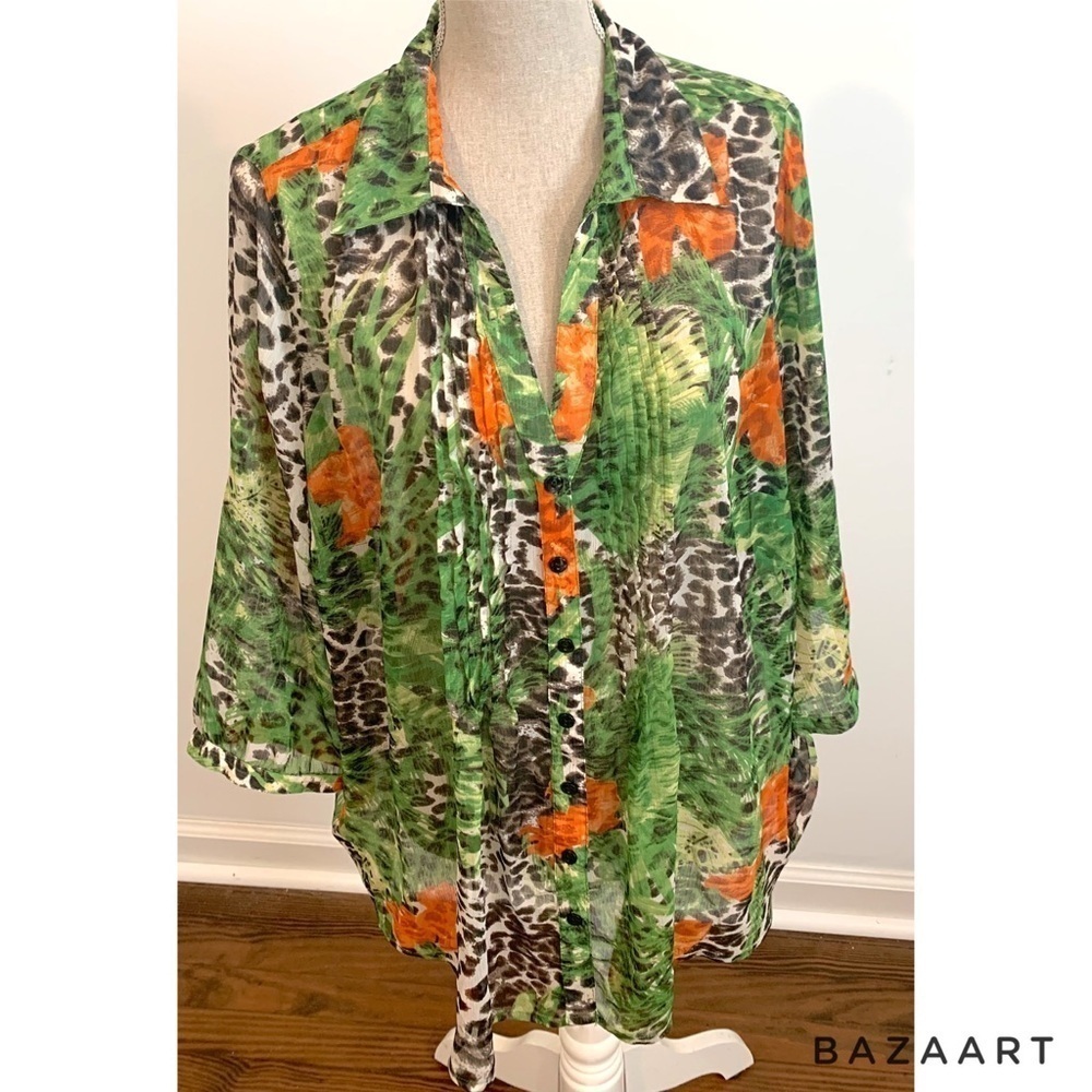 Canda C&A  Sheer Women Blouse Leopard print 3/4 Sleeves Sz:  US 2XL/EU 50-52